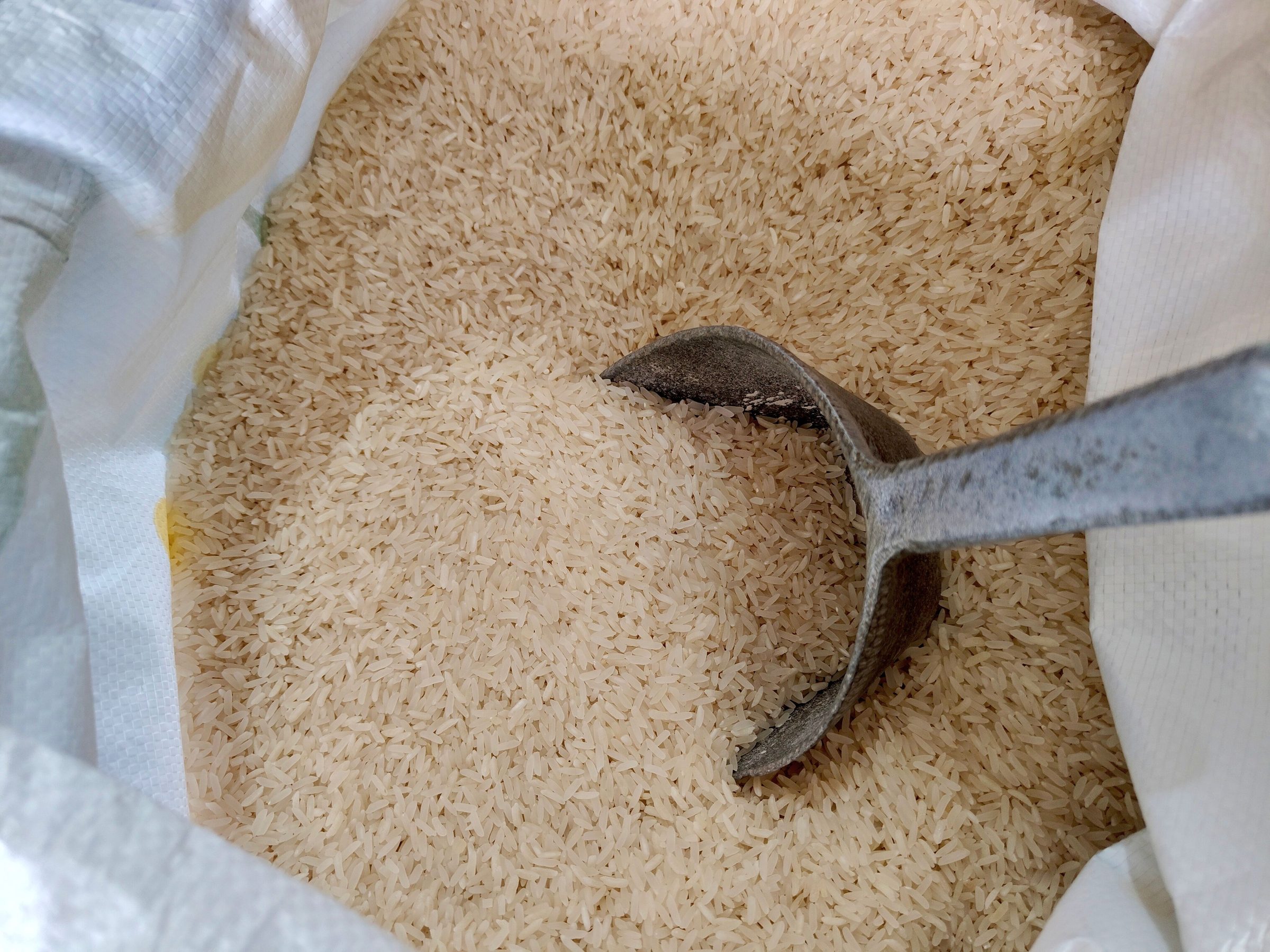Open woven bag of long-grain white rice with a metal scoop